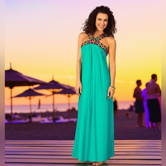New York & Company Teal Aztec Jersey Knit Maxi Sleeveless Built In Bra Dress L - Picture 1 of 11